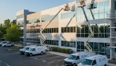 Professional commercial painters finishing office exterior in Minneapolis, MN