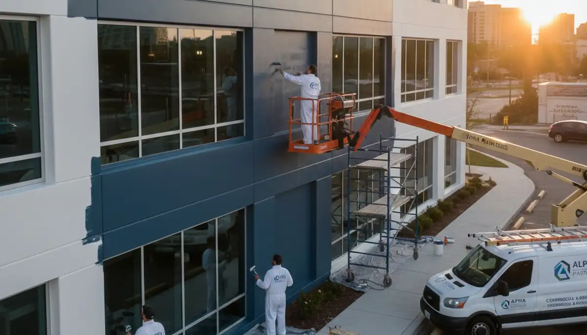 Professional commercial painters working on an office exterior in Minneapolis MN