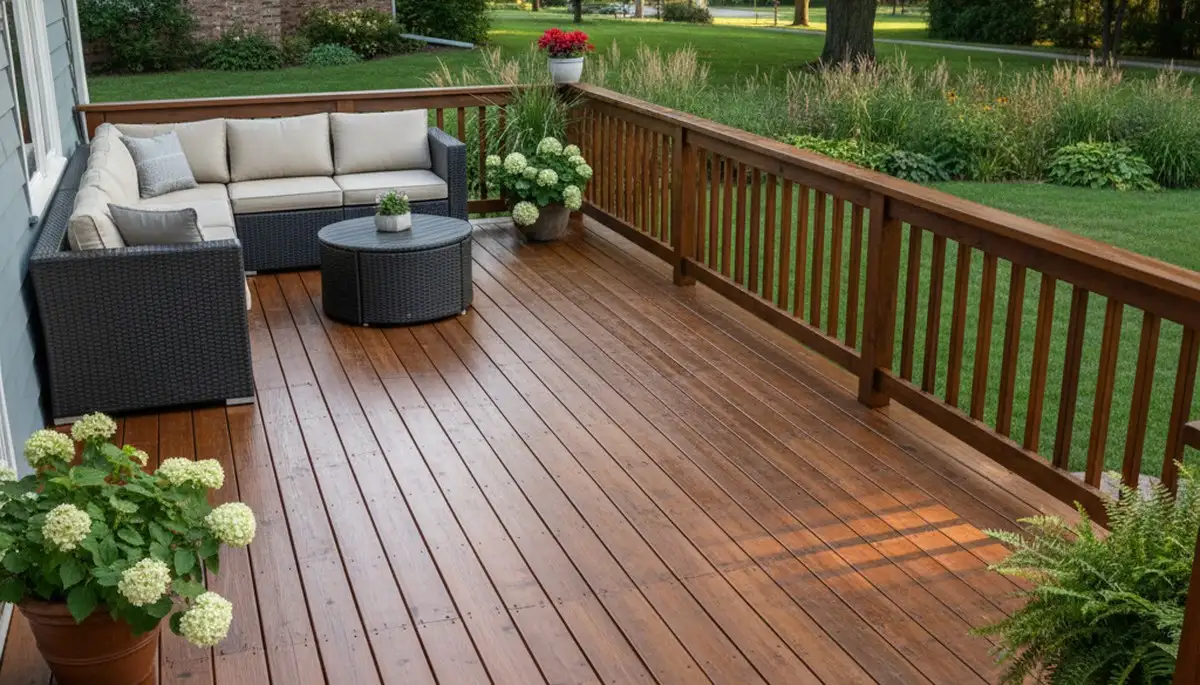 Finished deck staining in Minneapolis MN highlighting rich wood color and durable weather protection
