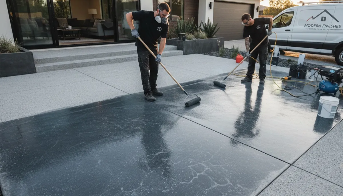 Professional concrete staining on Minneapolis MN driveway by local house painters