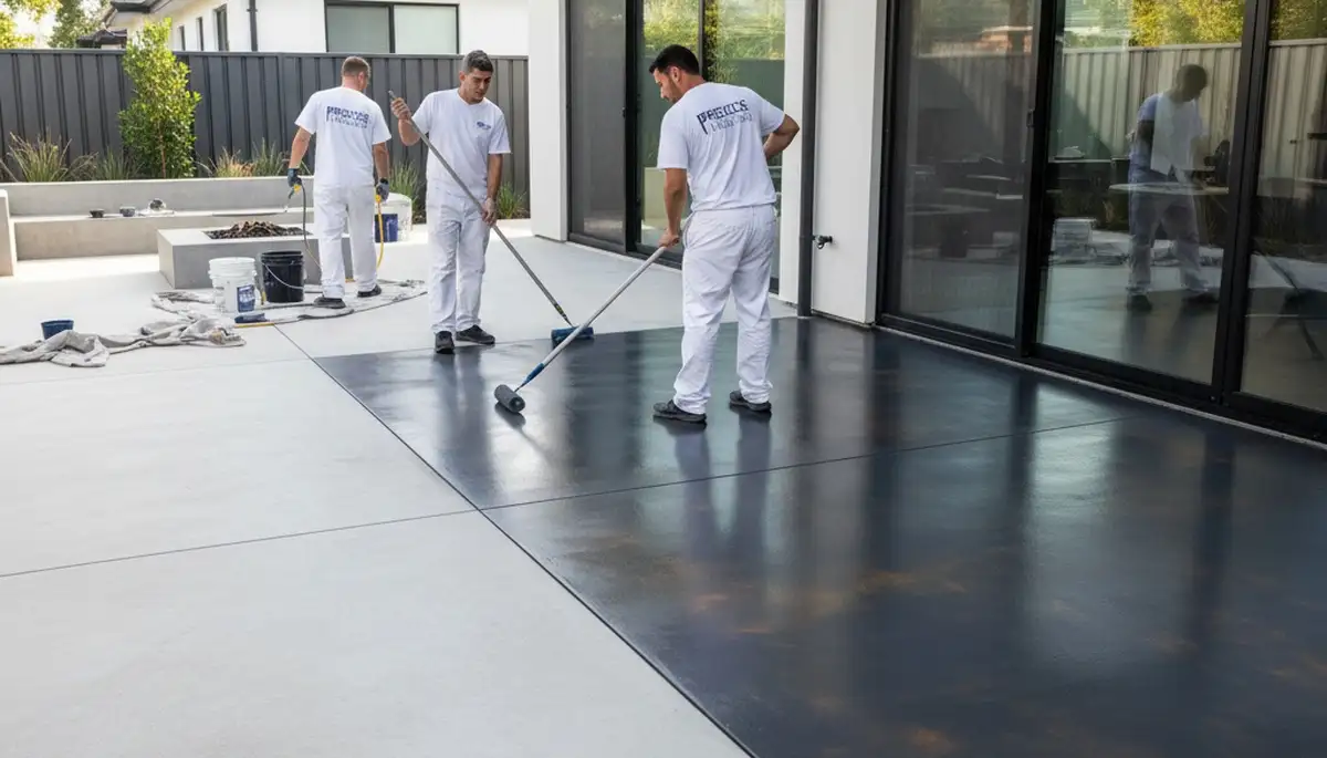 Professional concrete staining on residential patio in Minneapolis, MN by expert house painters