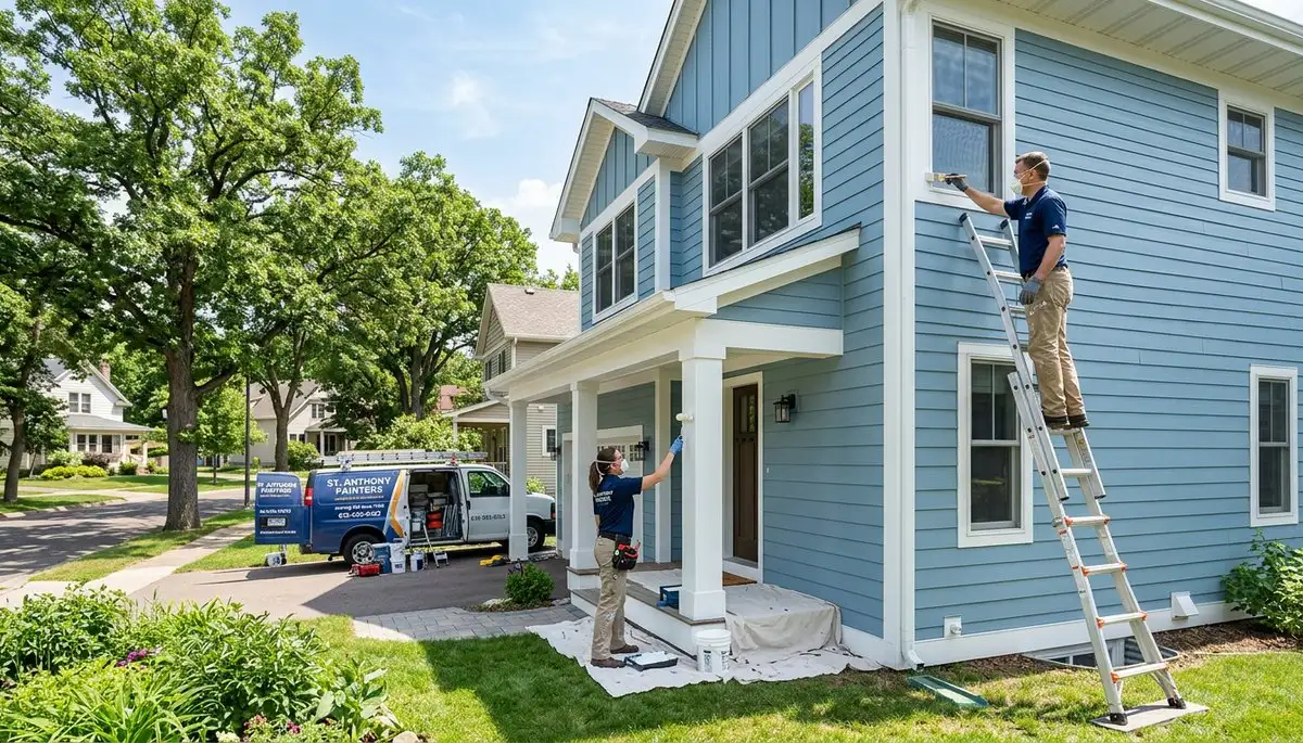 Professional house painters working on residential exterior in Minneapolis, MN